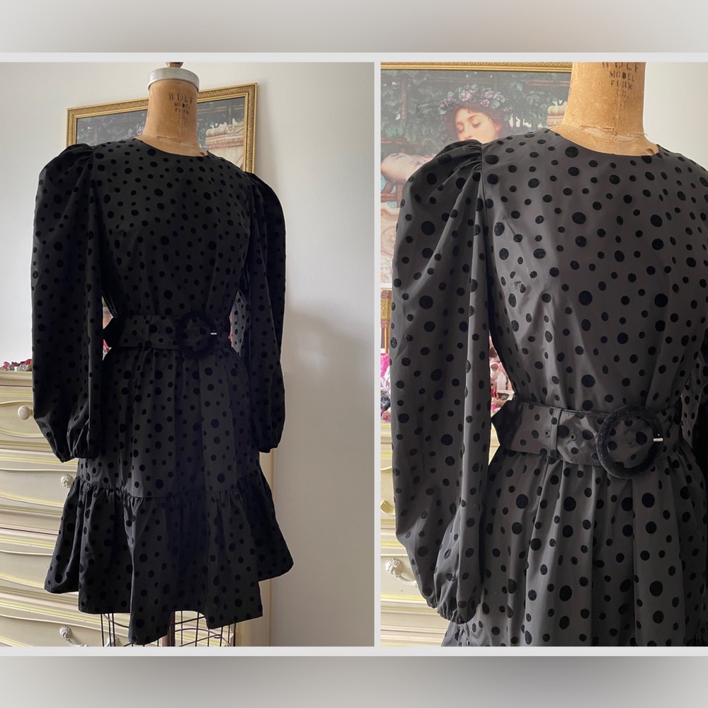VTG Express black velvet flocked polka dot dress, gathered shoulders, S